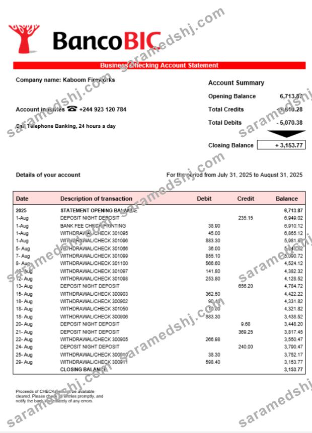 Banco BIC business account statement Word and PDF template